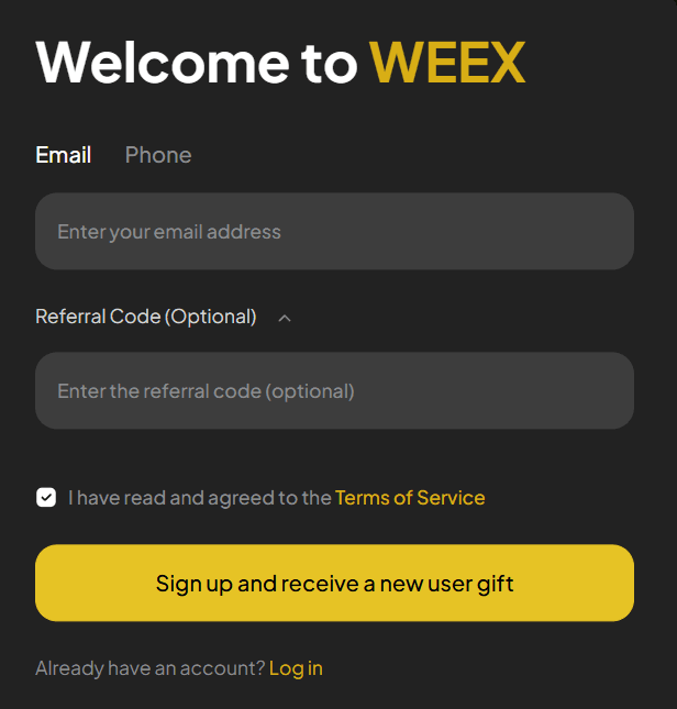 Введите адрес электронной почты и реферальный код WEEX