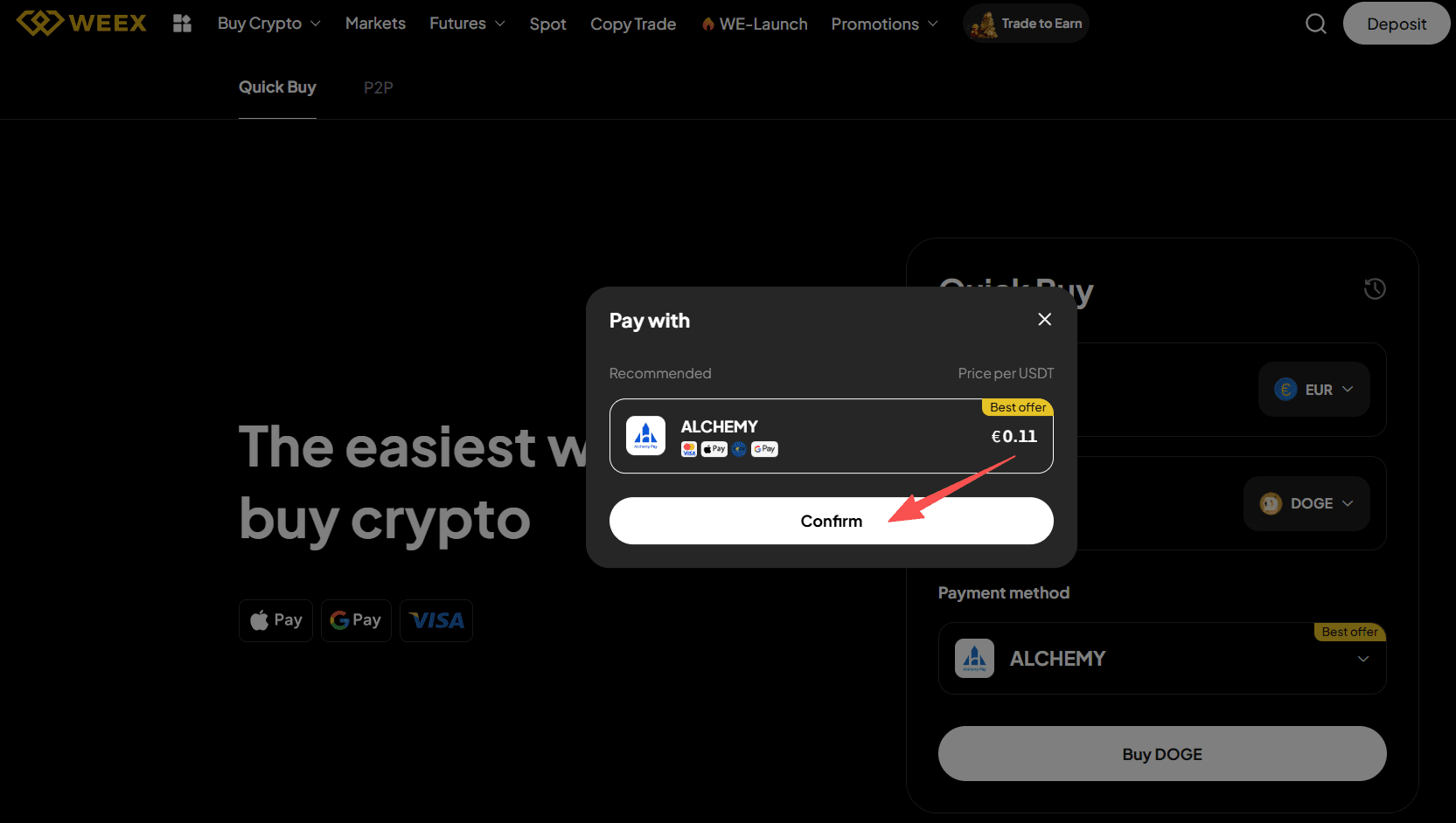Step2:Как купить DOGE с EUR на WEEX?Веб-версия