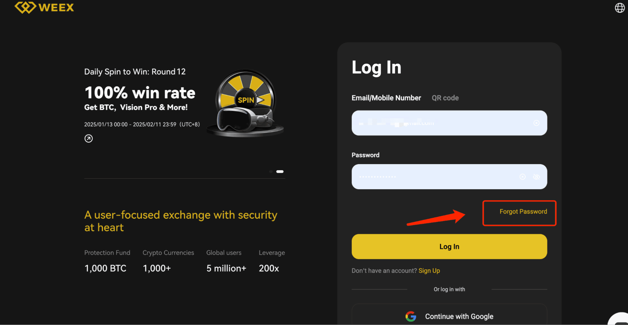 Сбросьте ваш пароль WEEX