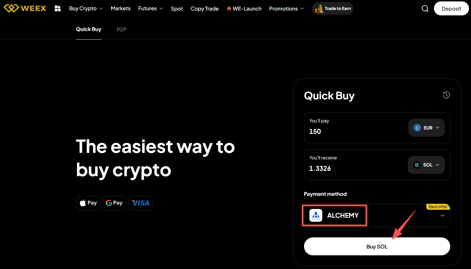Step3:Как купить SOL с EUR на WEEX? Веб-версия