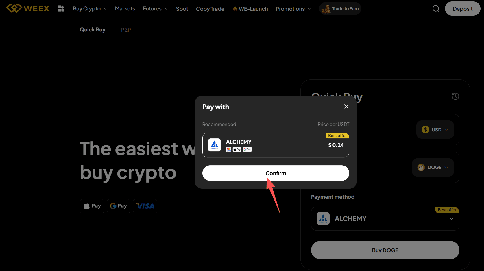 Шаг 2: Как купить DOGE с USD на WEEX OTC? Веб-версия