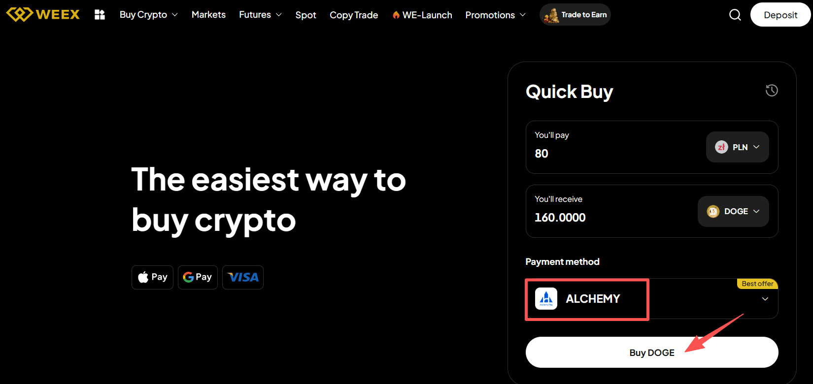Шаг 3:Как купить DOGE с PLN на WEEX OTC? Веб-версия